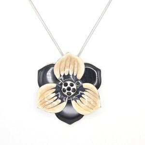 Enamel Flower Pendant Necklace Silver Tone Black Tan Floral Statement